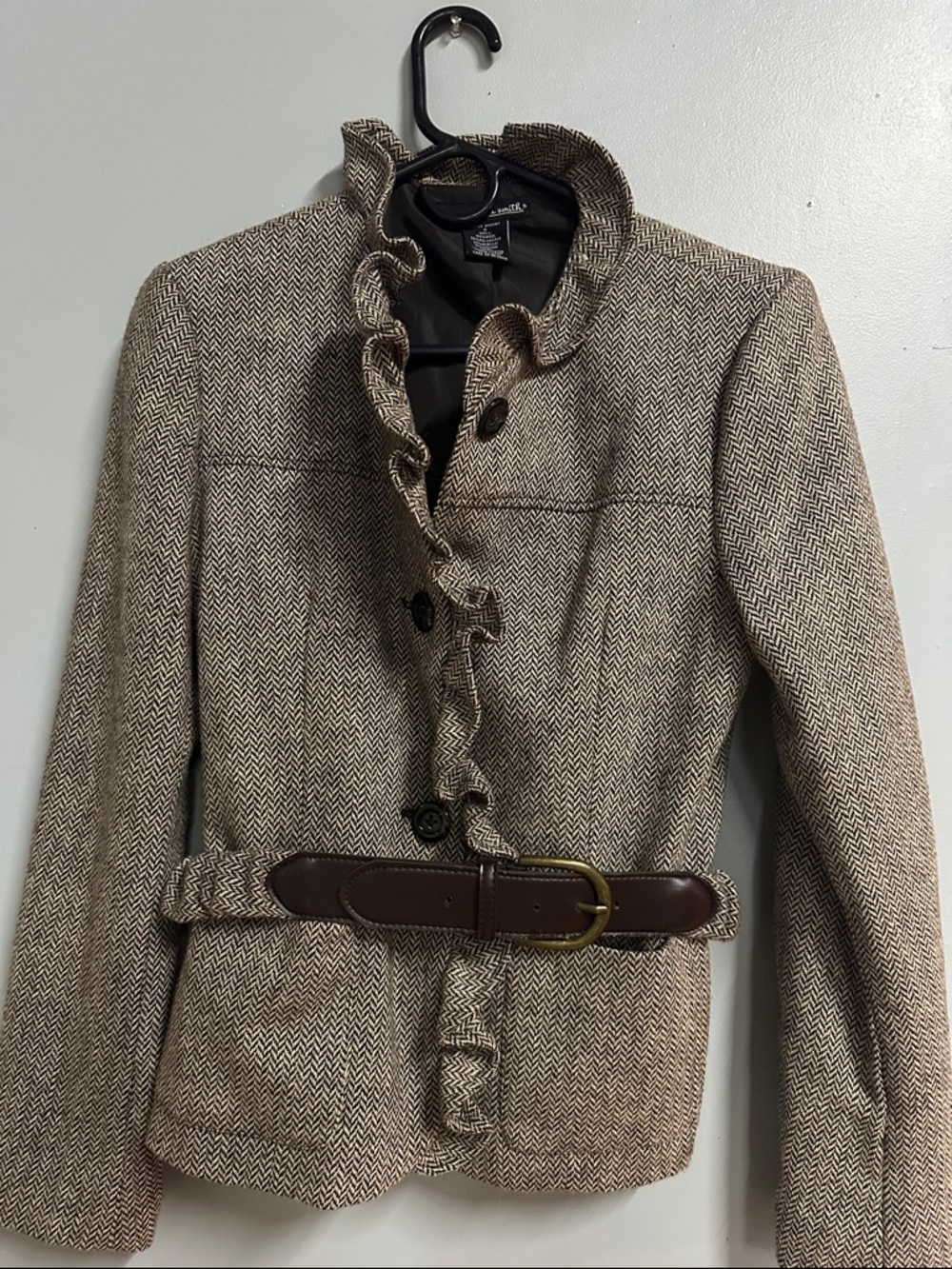 Willie Smith Ruffled Herringbone Jacket with Brown Belt